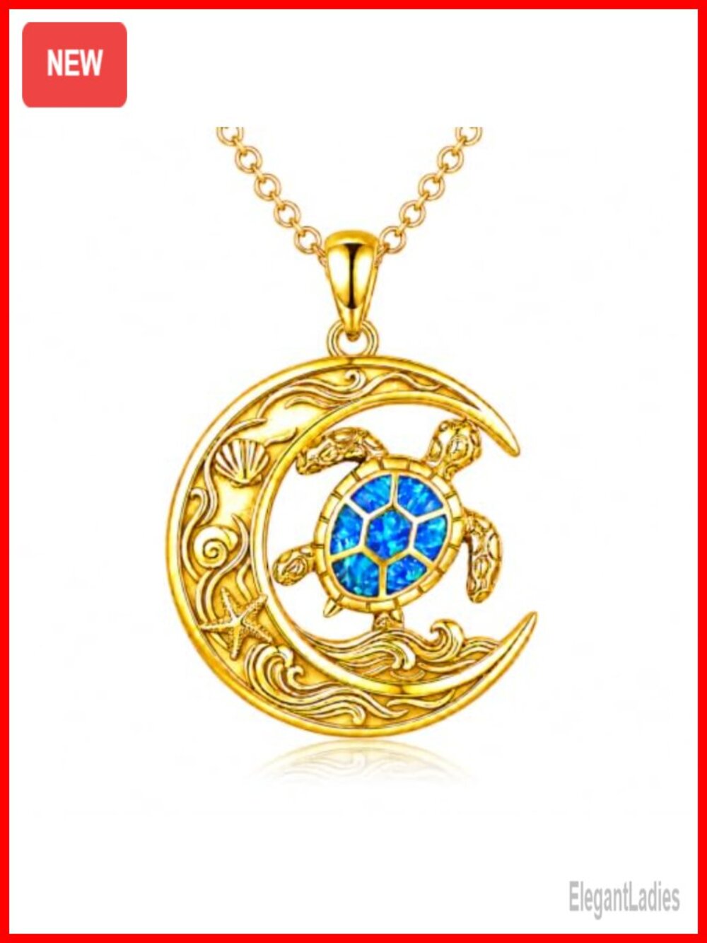 14k Gold Tone Sea Turtle Moon Necklace Blue Opal Wave Pendant Adjustable